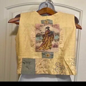 FAITh Patchwork Vest Size XS w Japanese Lady w Fan -Bead Embellishments